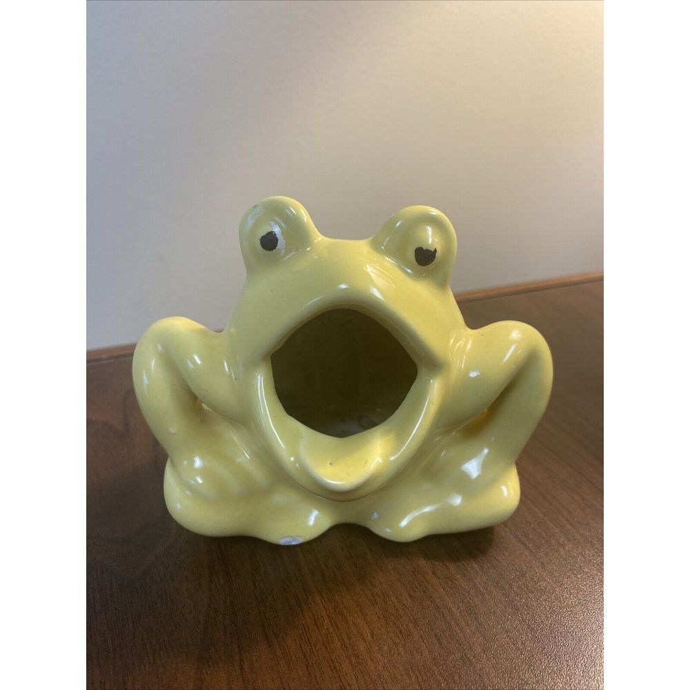 Vintage Yellow Ceramic SCRUBBER FROG Open Small Mouth SPONGE SOAP Holder